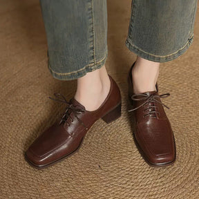 Square-toe Chunky Heel Lace-up Leather Shoes