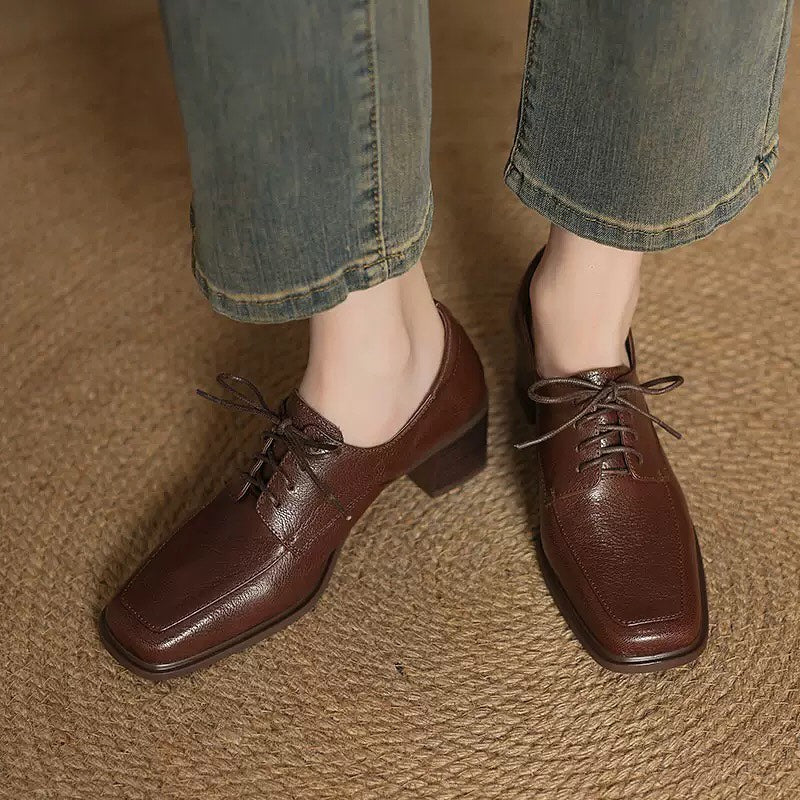 Square-toe Chunky Heel Lace-up Leather Shoes