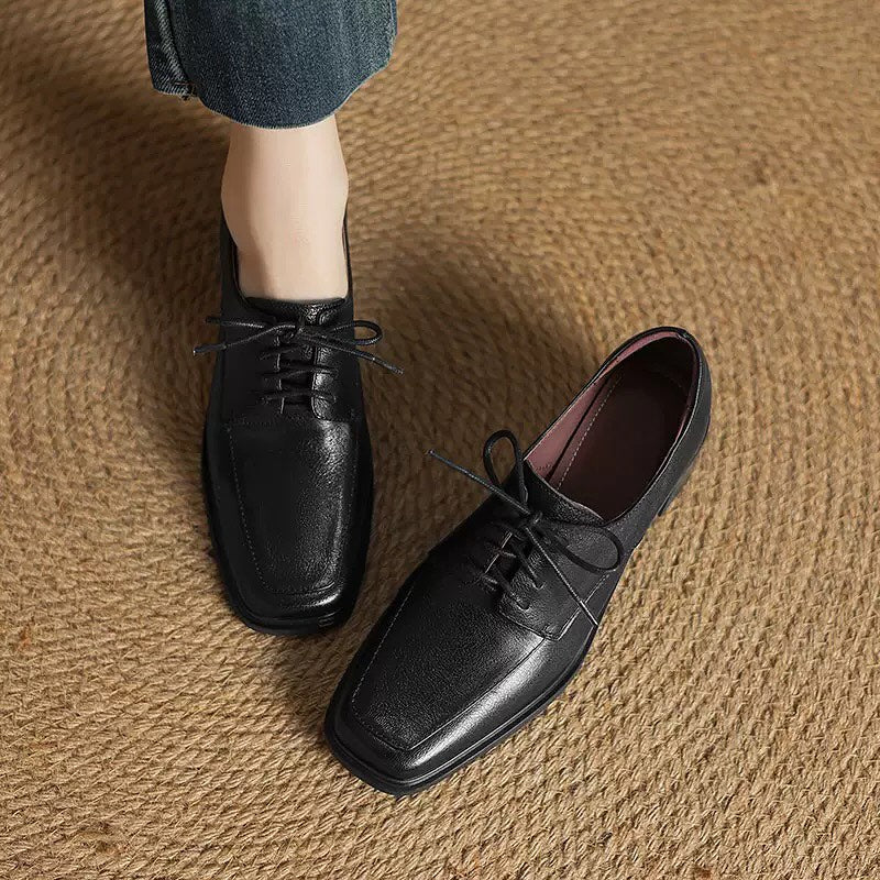 Square-toe Chunky Heel Lace-up Leather Shoes