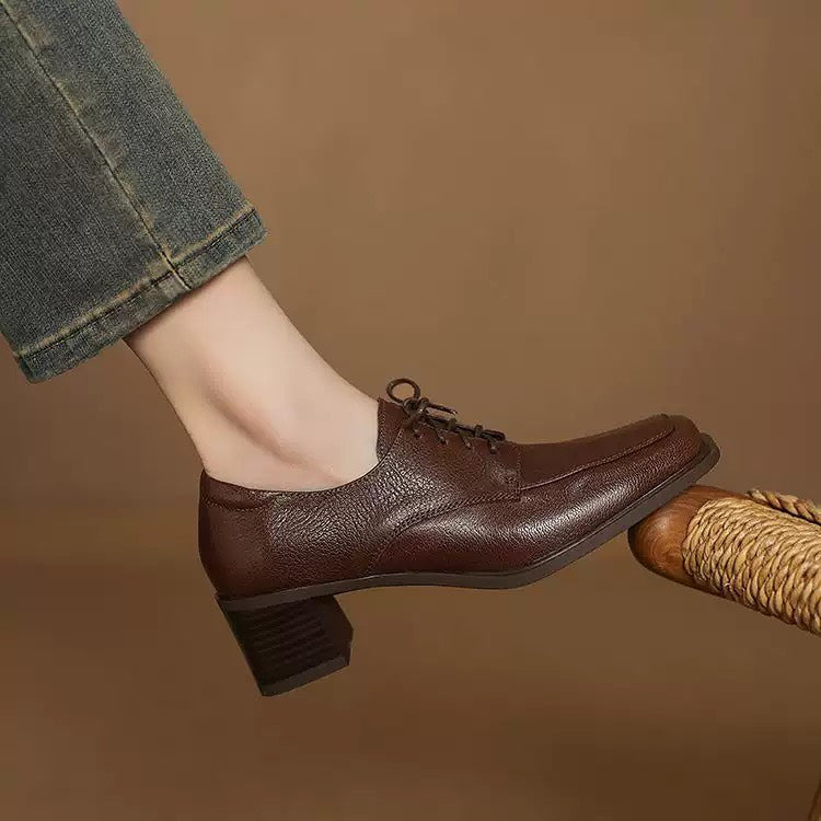 Square-toe Chunky Heel Lace-up Leather Shoes