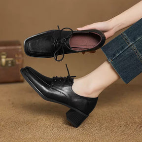Square-toe Chunky Heel Lace-up Leather Shoes