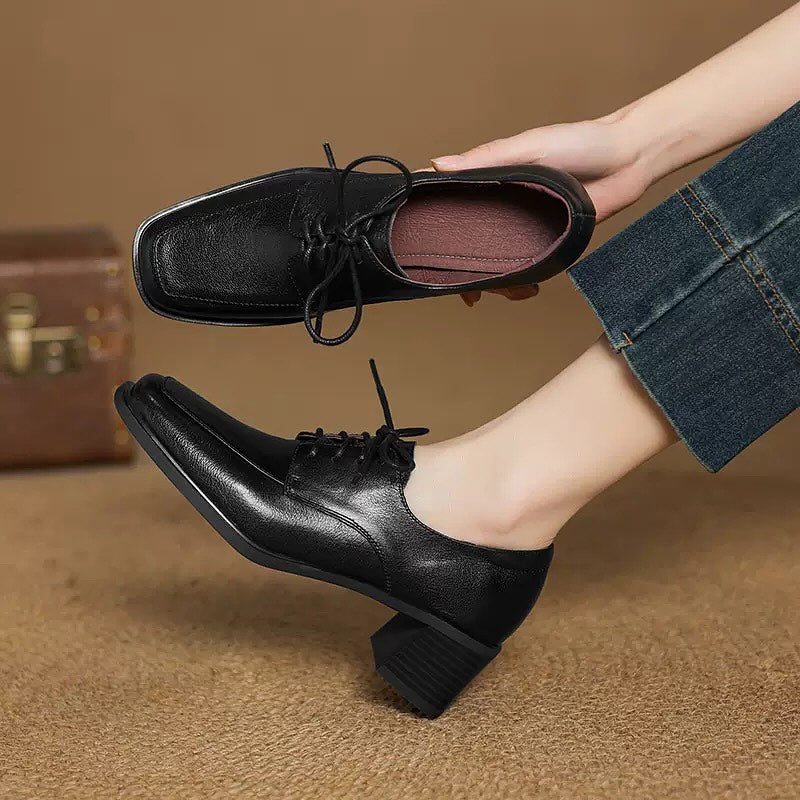 Square-toe Chunky Heel Lace-up Leather Shoes