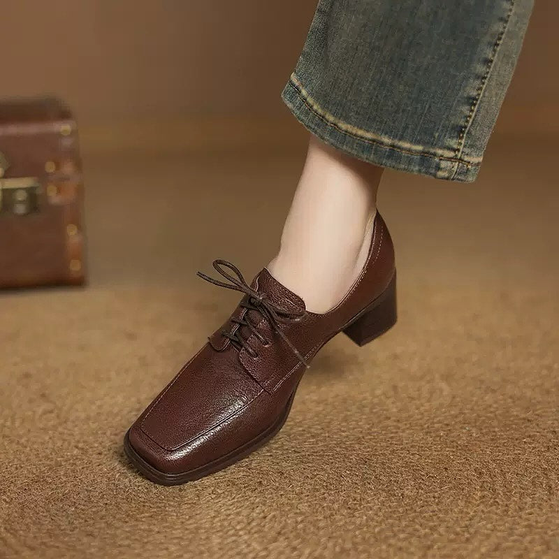 Square-toe Chunky Heel Lace-up Leather Shoes