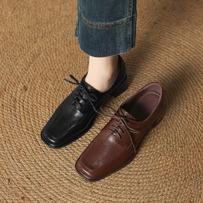 Square-toe Chunky Heel Lace-up Leather Shoes
