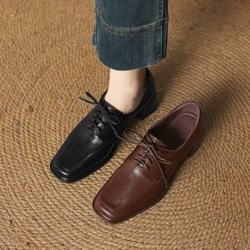Square-toe Chunky Heel Lace-up Leather Shoes