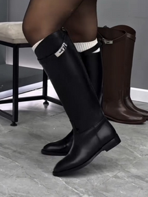 Stylish Platform Round Toe Rhinestone Buckle High-top Riding Boots