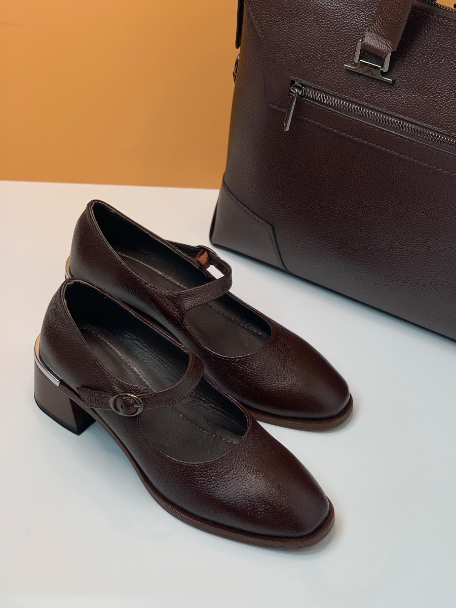 Genuine Leather Chunky Heel Mary Jane Shoes