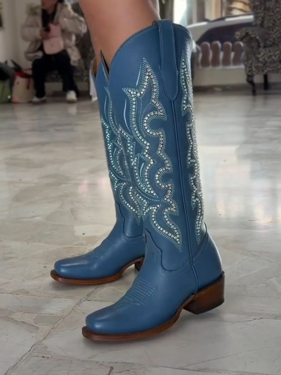 Blue Embroidered Diamond Western Boots