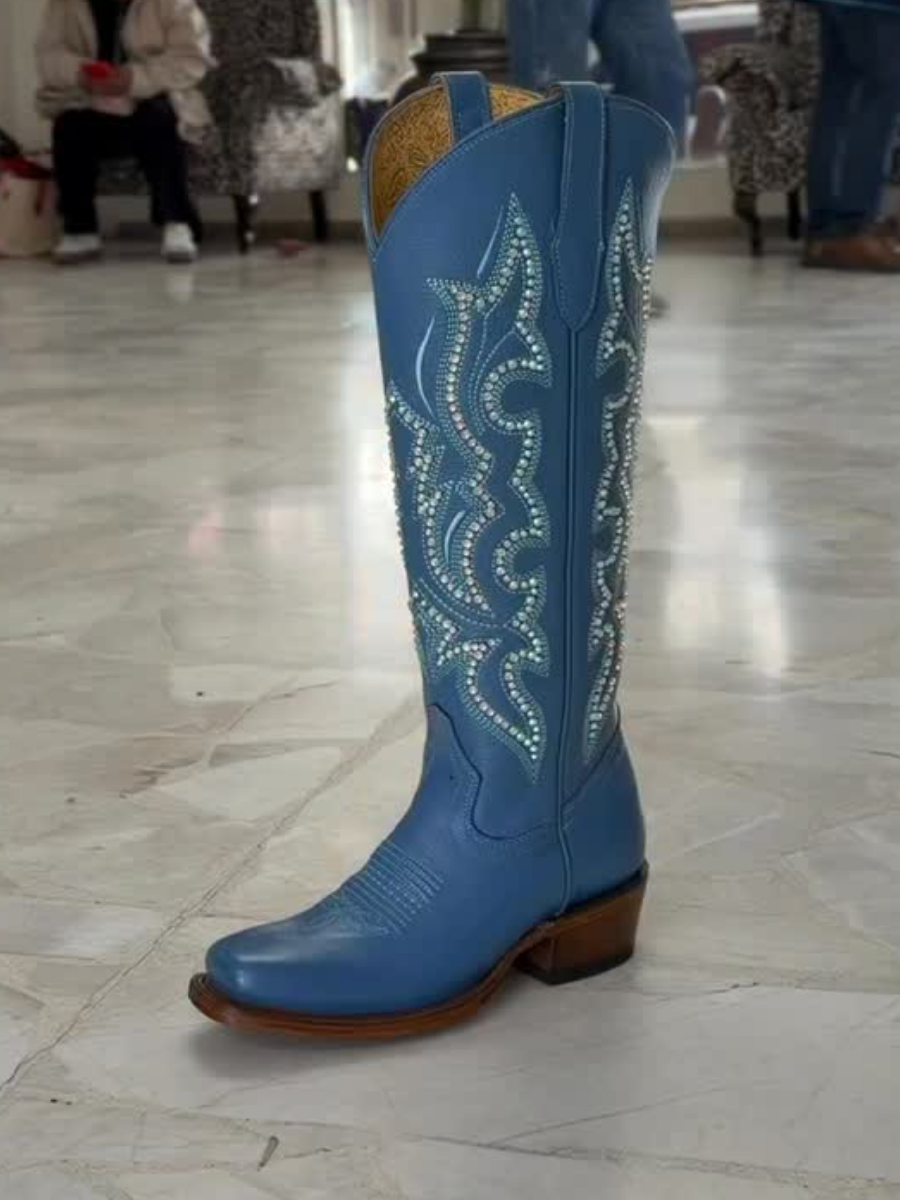 Blue Embroidered Diamond Western Boots