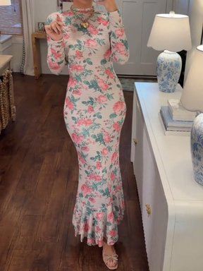 Elegant Long-sleeved Fitted Printed Dress