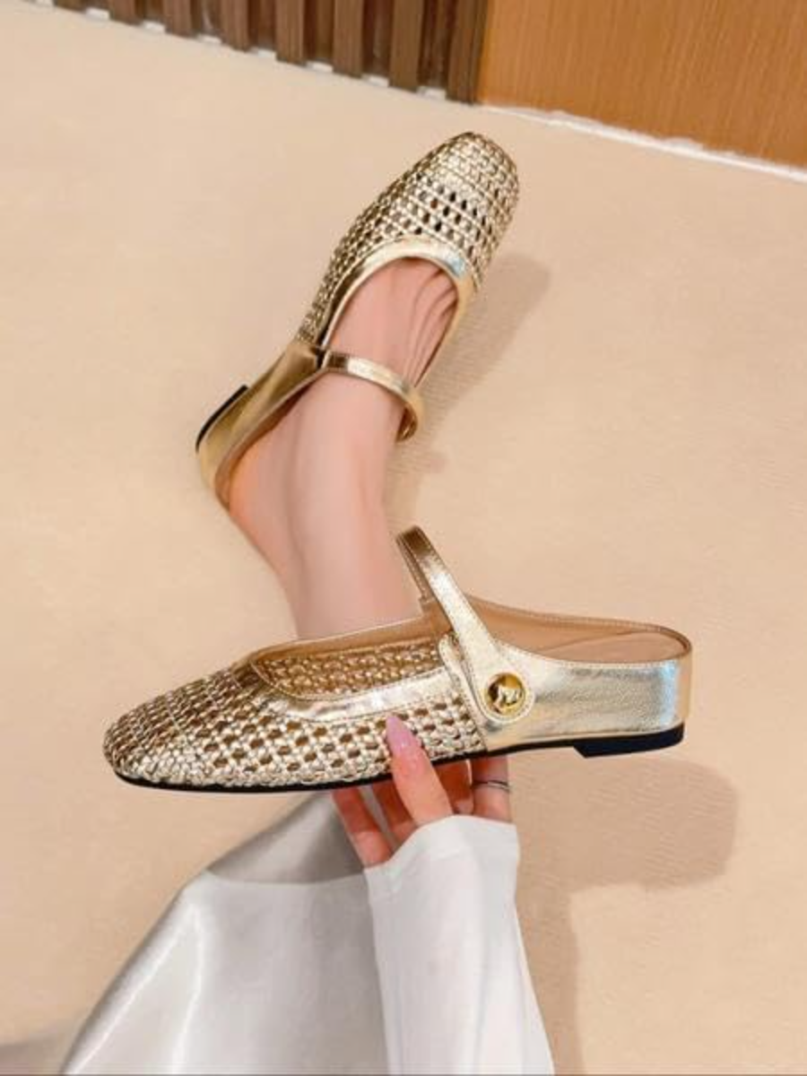 Women's Square-toe Openwork Woven Casual Flat Shoes