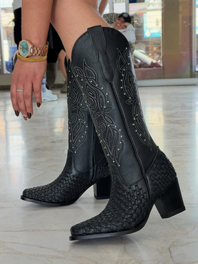 Black Embroidered Diamond-studded Western Boots