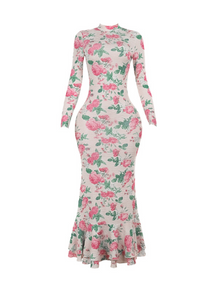 Elegant Long-sleeved Fitted Printed Dress