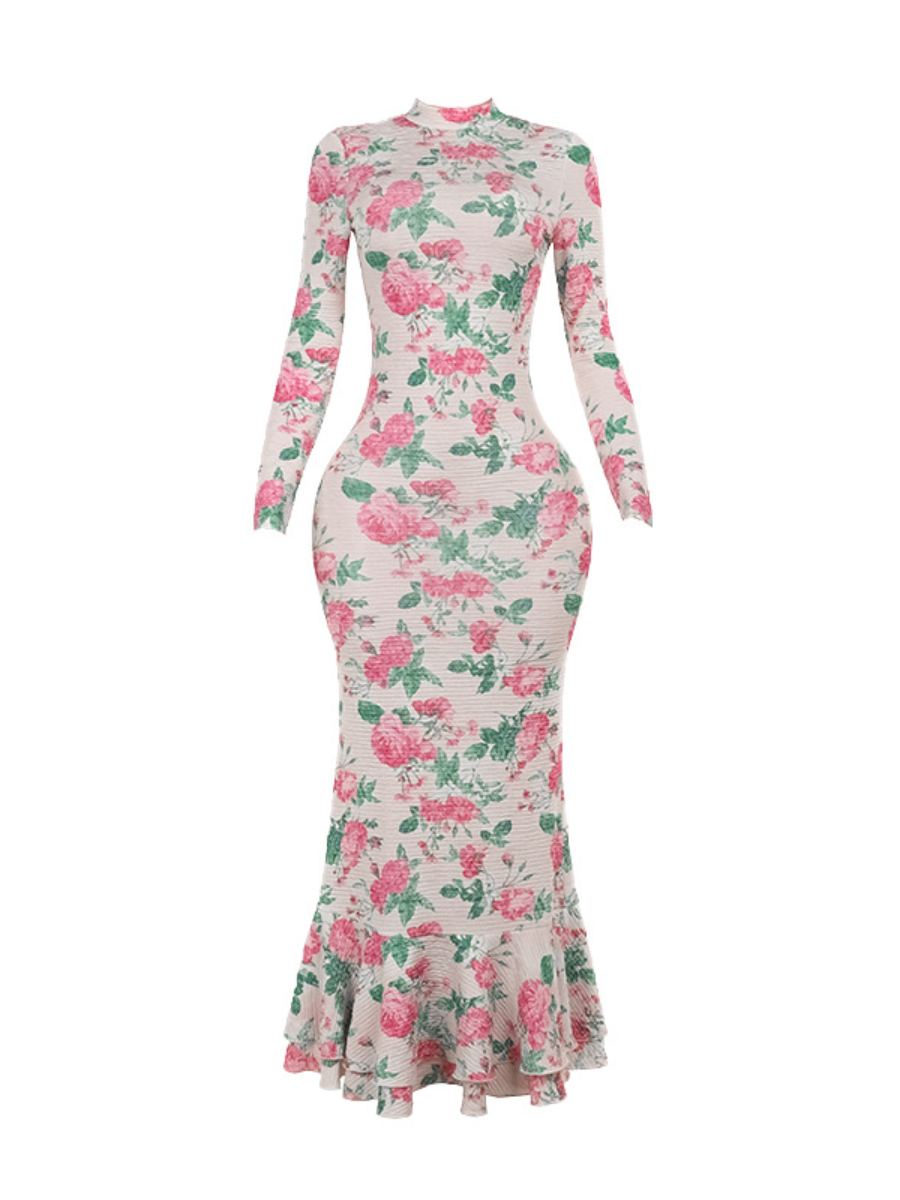 Elegant Long-sleeved Fitted Printed Dress