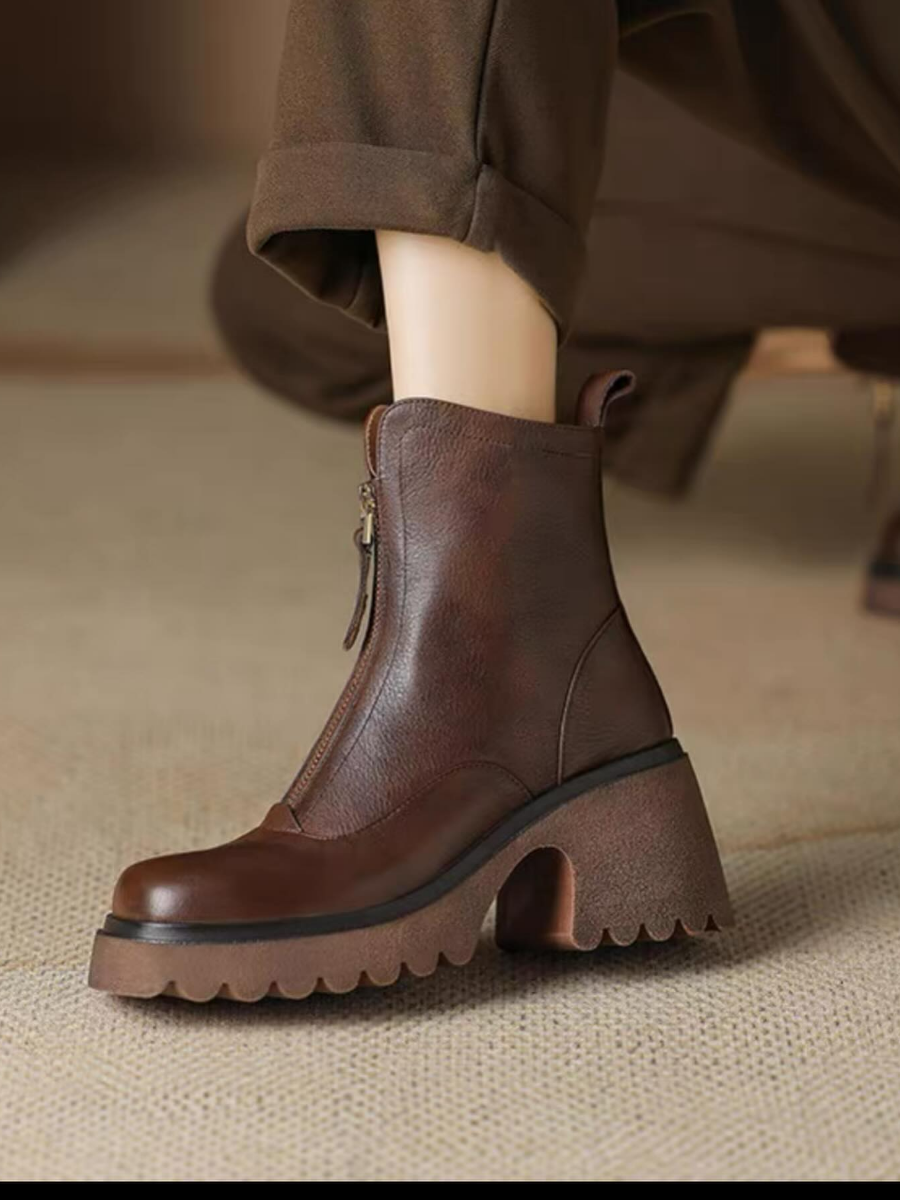 High-heeled Chunky Leather Martin Boots
