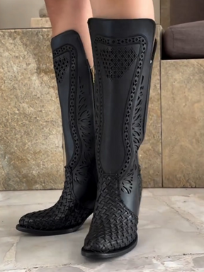 Chunky Heel Embroidered Side Zipper Boots