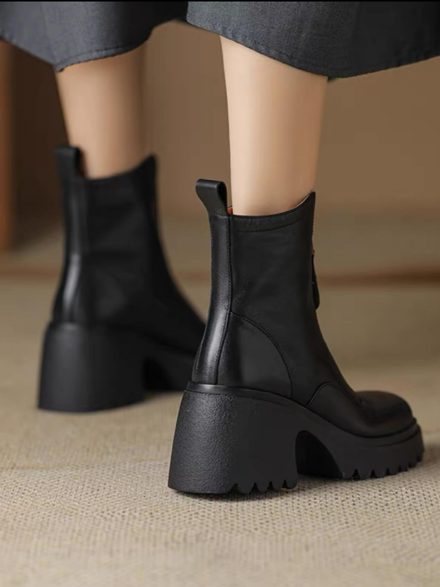 High-heeled Chunky Leather Martin Boots