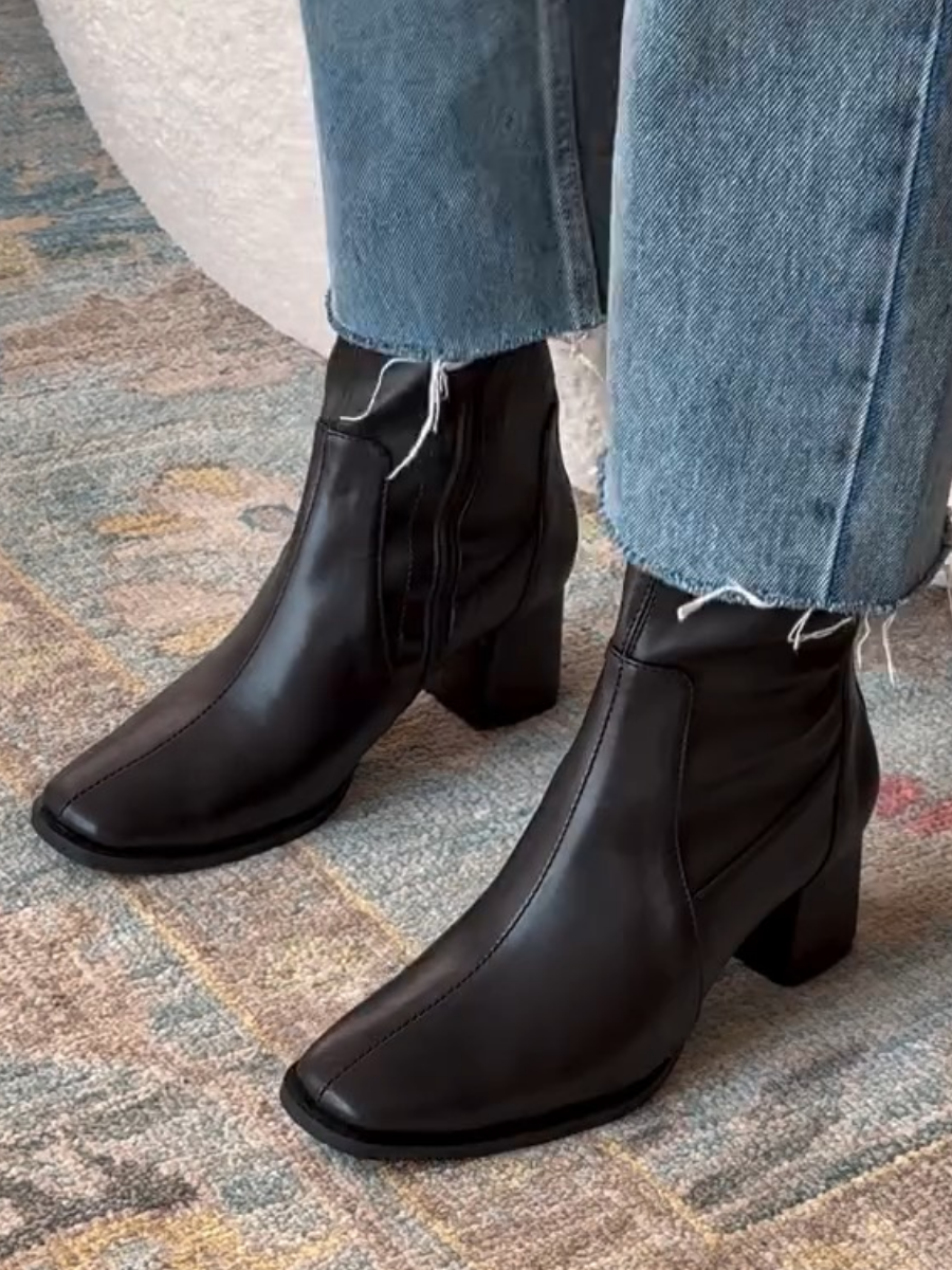 Genuine Leather Chunky Heel Ankle Boots
