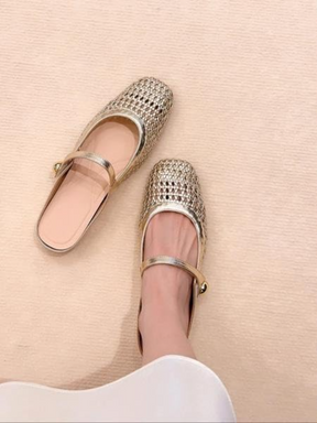 Women's Square-toe Openwork Woven Casual Flat Shoes