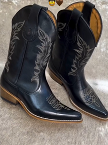 Pointed-toe Cowboy Boots - Black Leather