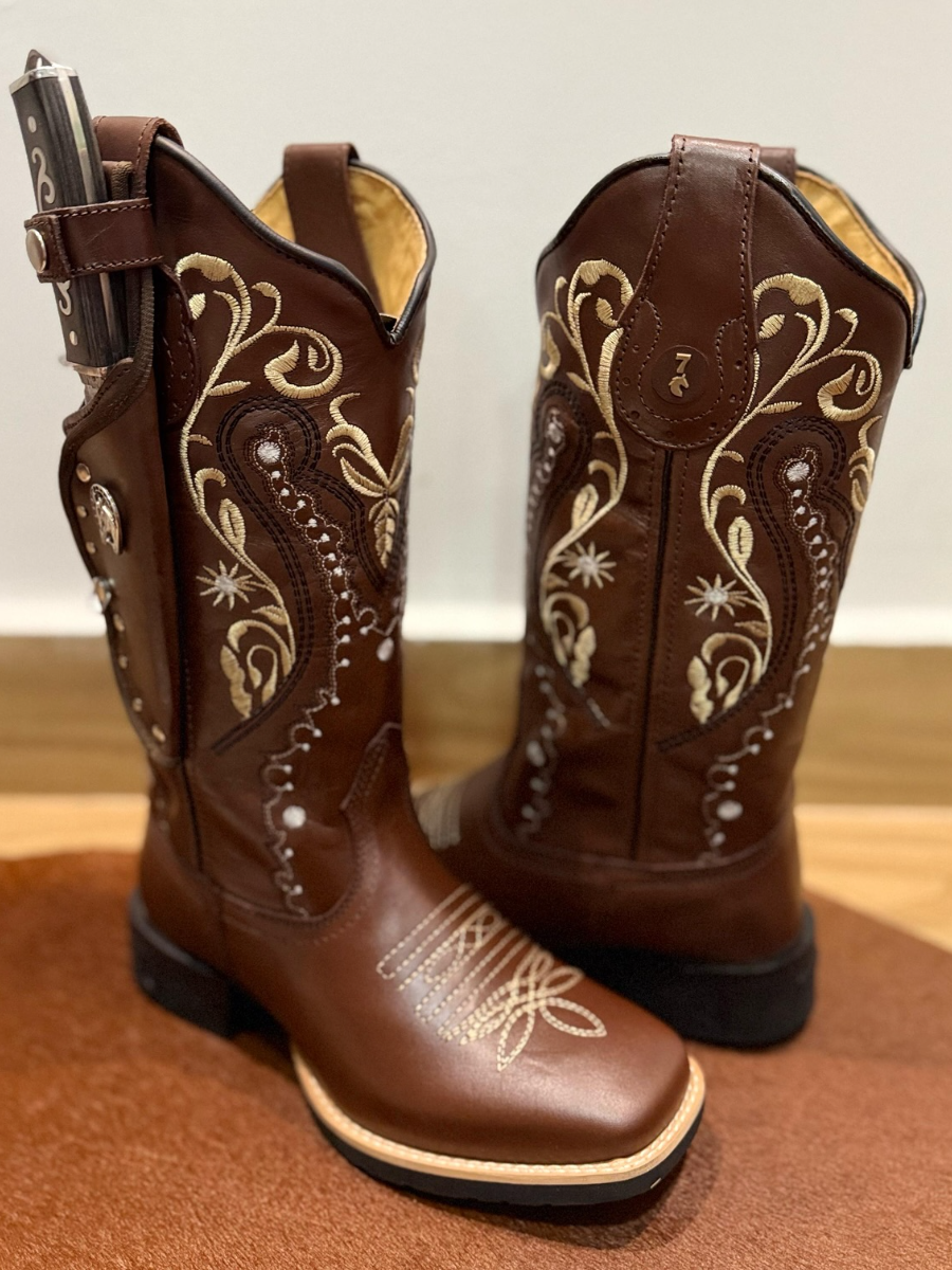 Embroidered Genuine Leather Cowboy Boots
