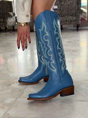 Blue Embroidered Diamond Western Boots