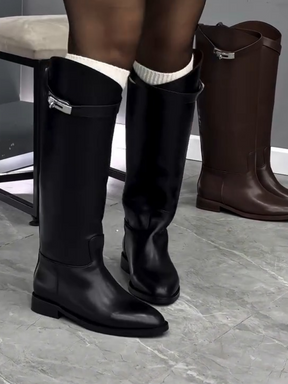Stylish Platform Round Toe Rhinestone Buckle High-top Riding Boots