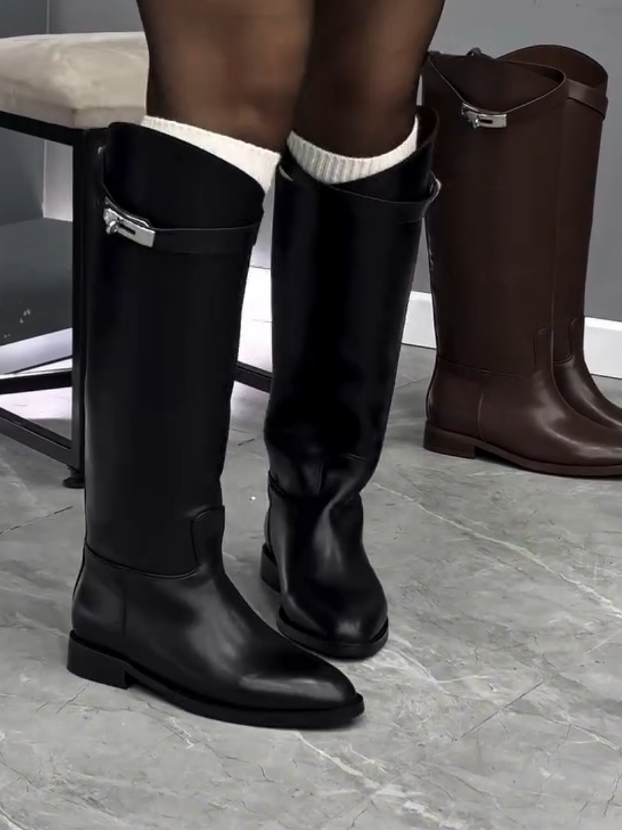 Stylish Platform Round Toe Rhinestone Buckle High-top Riding Boots