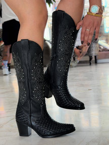 Black Embroidered Diamond-studded Western Boots
