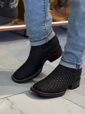 Hand-woven Block Heel Ankle Boots