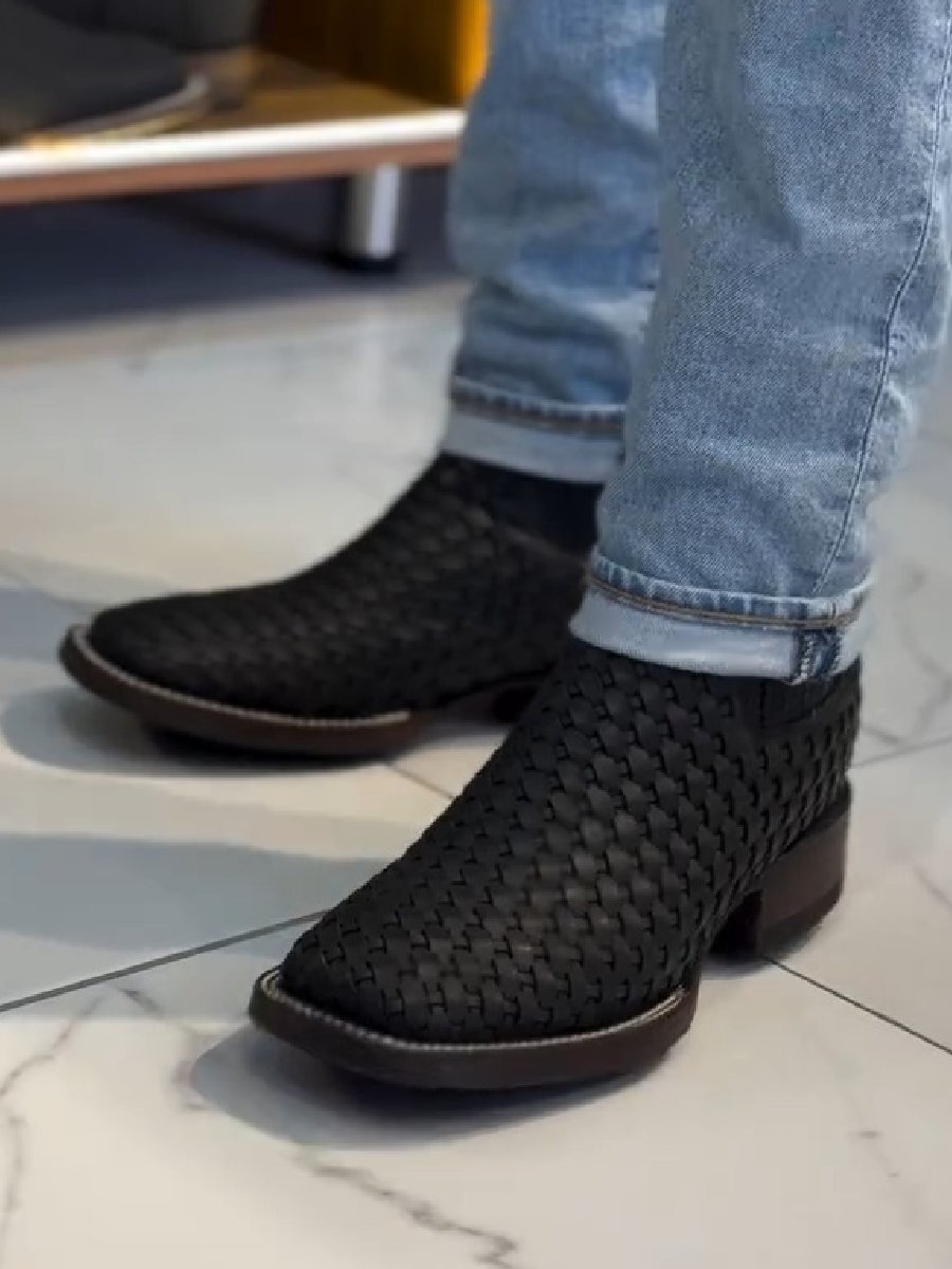 Hand-woven Block Heel Ankle Boots